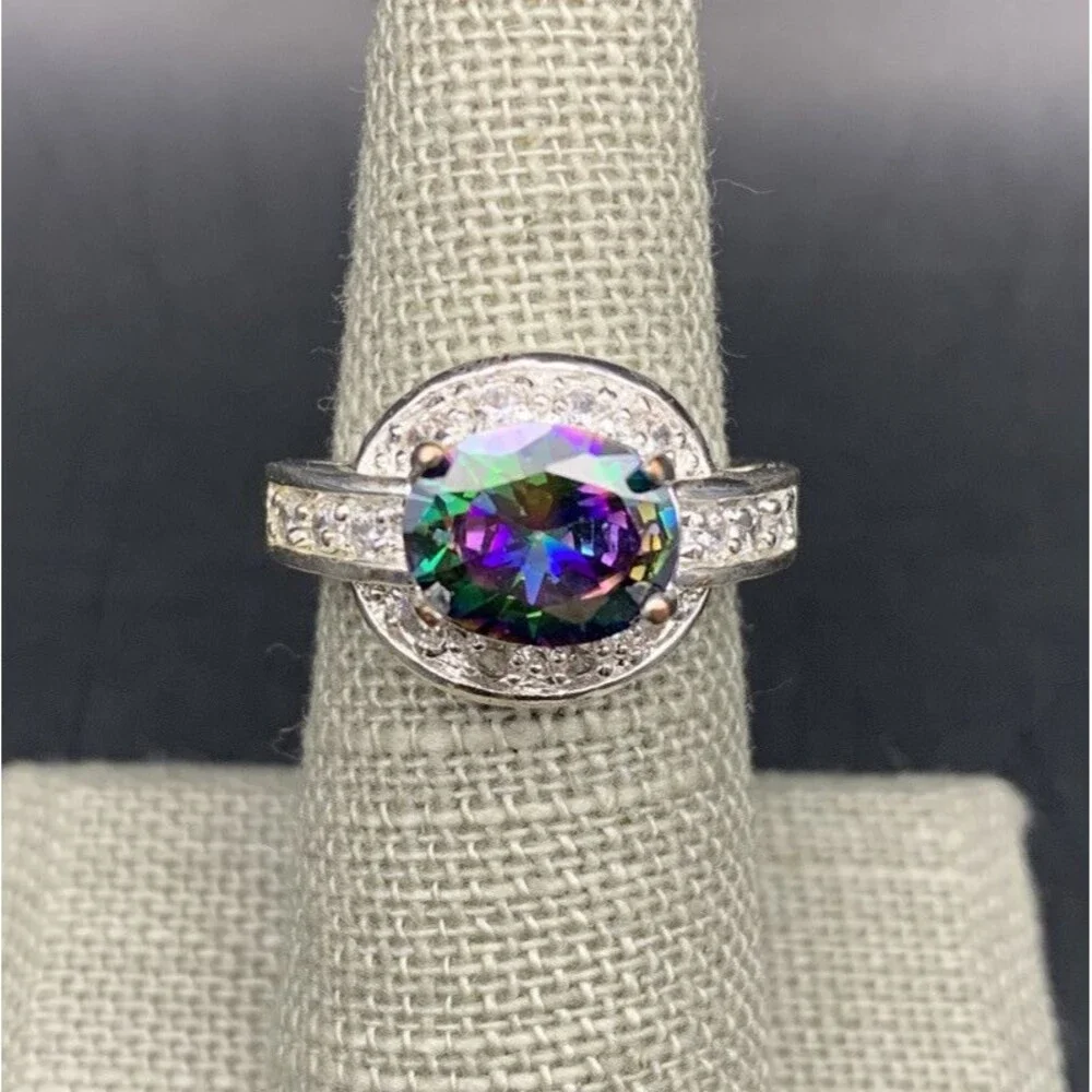 Colorful Rainbow Glass Ring Size 7 Silver Tone Statement Faux Mystic Topaz Glam